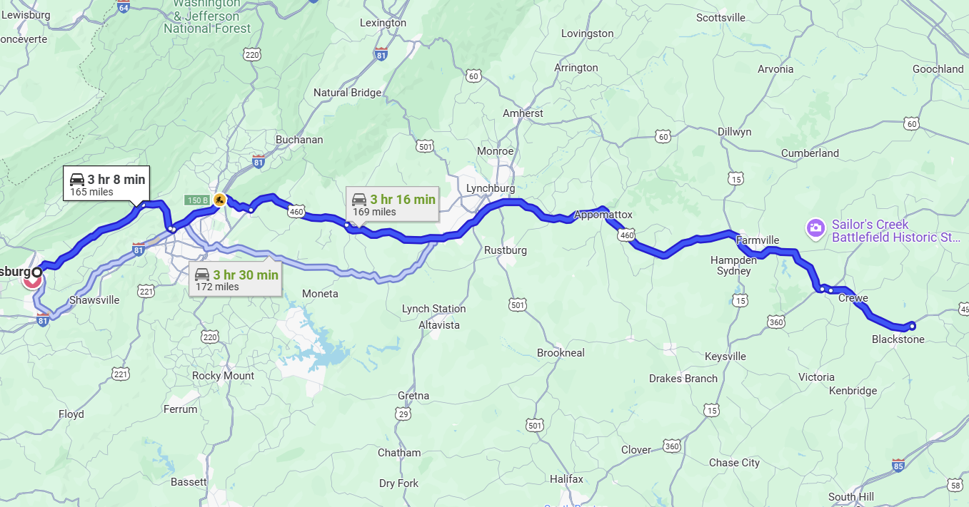 Directions from Blacksburg to Blackstone Radar
